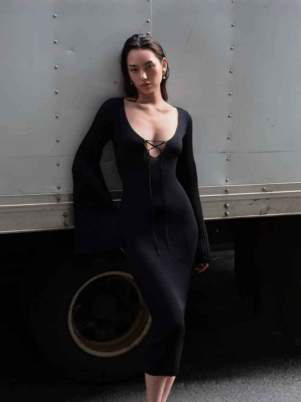 ZARA Sexy Black Tie Strap Knit Bodycon Long Dress Women Spring